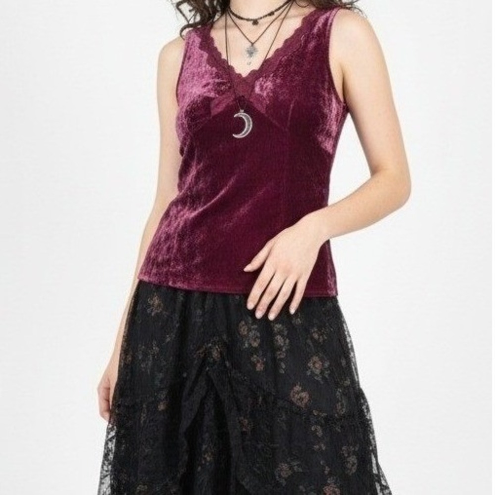 Y2K Gloria Vanderbilt Babydoll Velvet Tank Top Lace Trim Size S Fairygrunge Goth